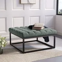 Large Square Ottoman Bench with Tufted Detail - Linen, Metal alternate view