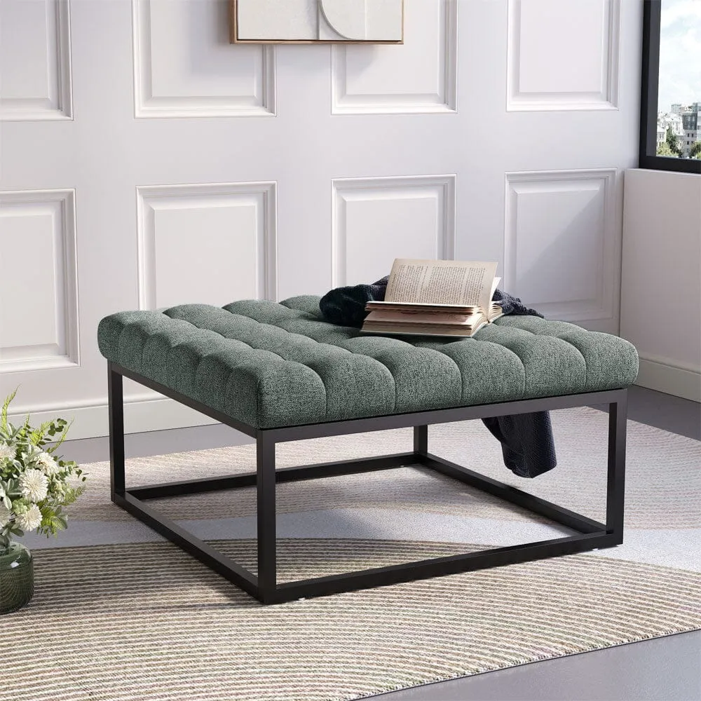 Large Square Ottoman Bench with Tufted Detail - Linen, Metal product