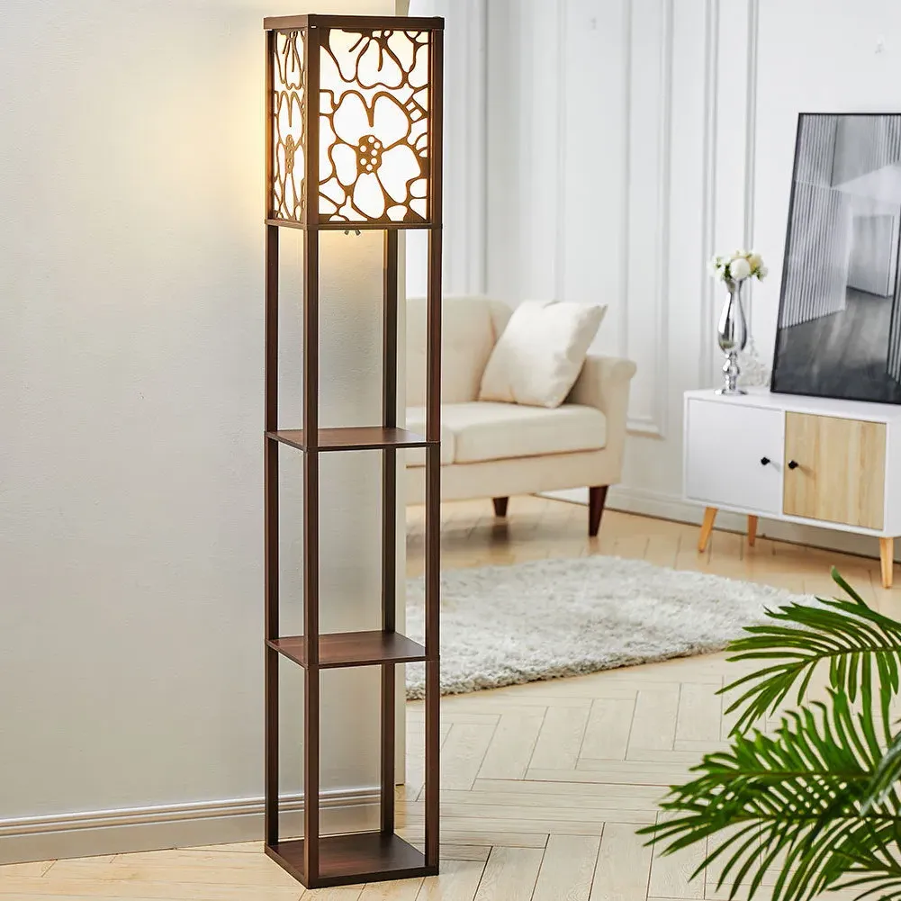 Lightsin 3-Layer Floor Lamp with Shelving - Brown, Walnut image