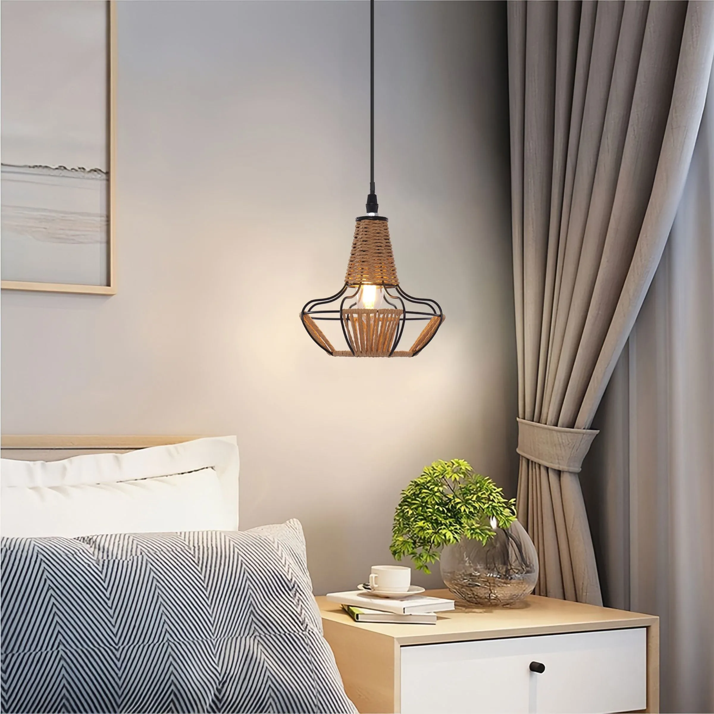 Lightsin Woven Cage Pendant Light - Khaki, Iron & Paper Rope image