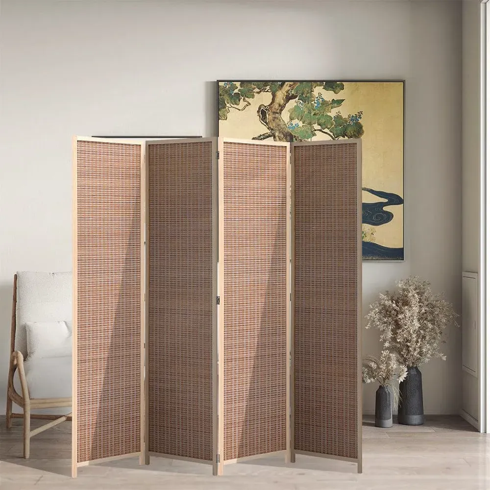 Livingandhome 4-Panel Folding Room Divider - Ivory, Bamboo image