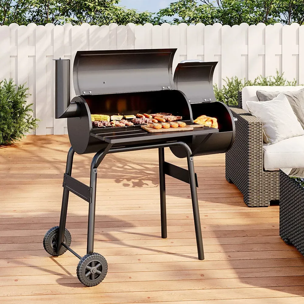 Outdoor Charcoal BBQ Grill 2-in-1 Offset Smoker with Wheels - Black, Stainless Steel product