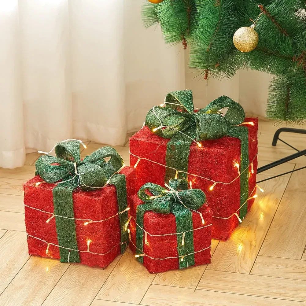 Pre-Lit Christmas Gift Box Set with Warm Lights - Green, Linen image