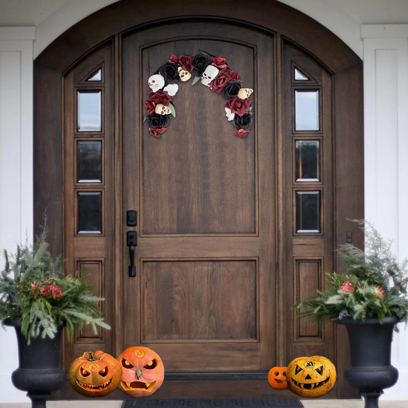 Prelit Skull Halloween Arch Wreath - Black, Fabric product