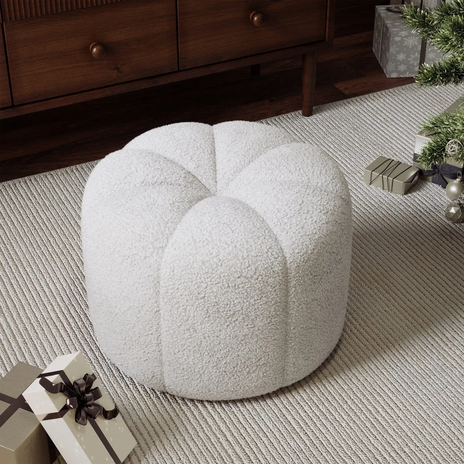 Pumpkin-Shaped Ottoman - White, Teddy Fabric product