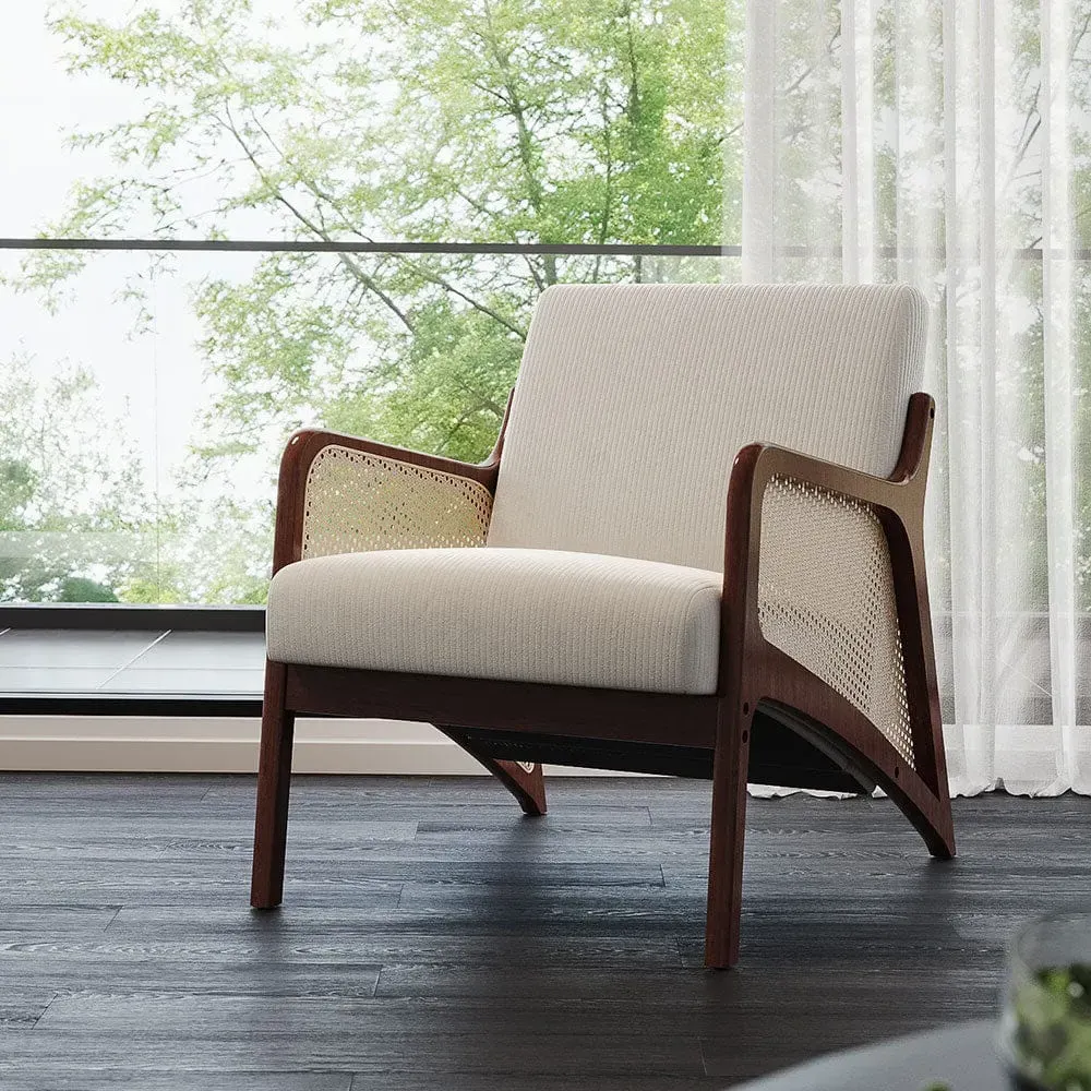 Rattan & Bouclé Accent Chair - Beige, Corduroy product