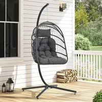 Rattan Patio Swing Chair with Stand and Cushion - Black alternate view