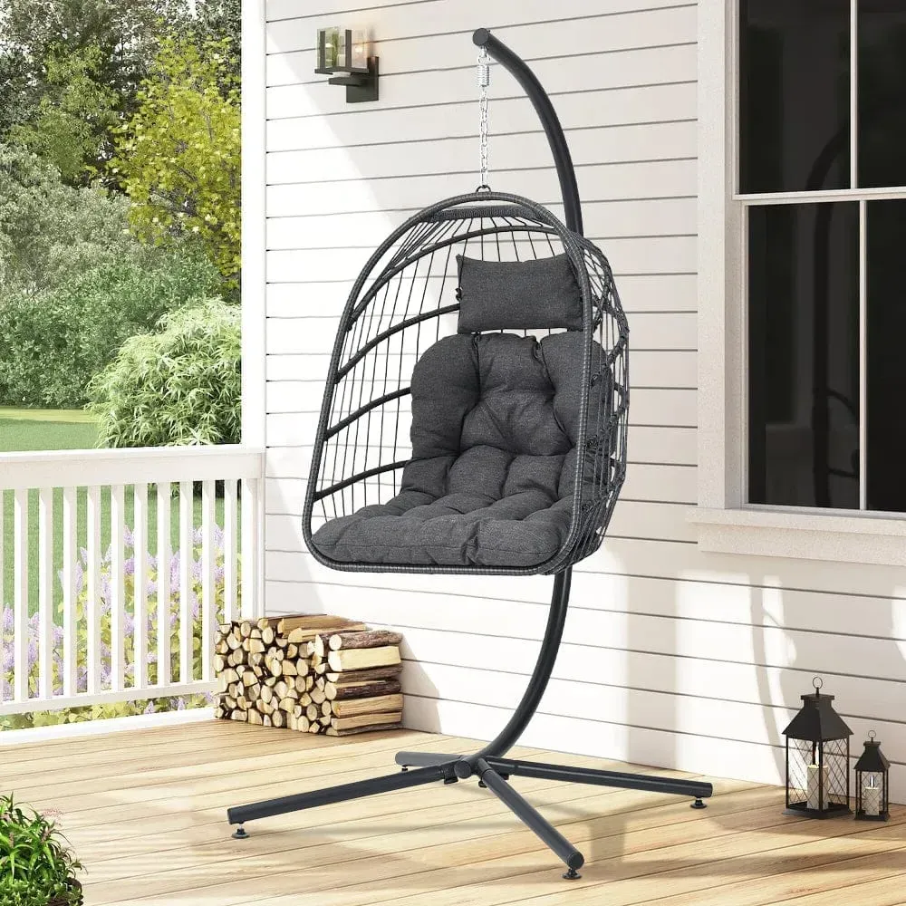 Rattan Patio Swing Chair with Stand and Cushion - Black product