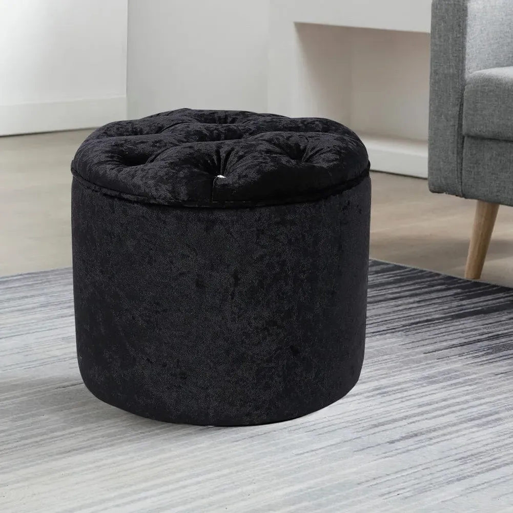 Rheinland Round Footstool with Tufting - Black, Velvet
