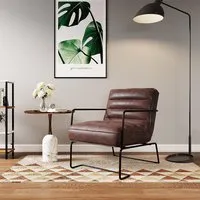 Ribbed Armchair with Metal Base - Brown, PU Leather