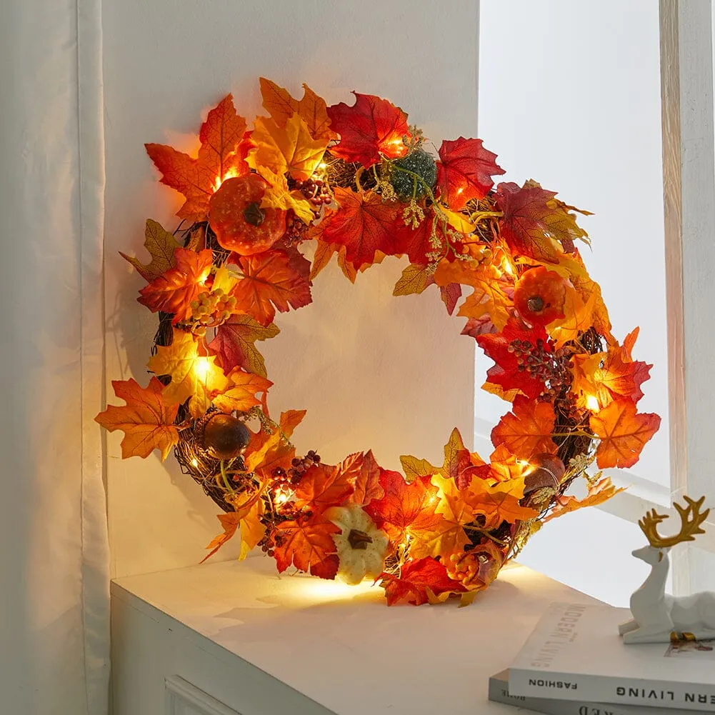 Round Fall Wreath with LED Lights - Maple, Plastic