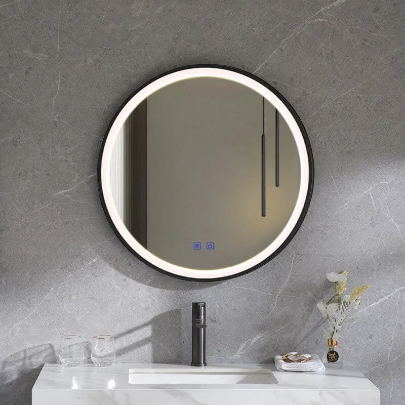 Round LED Wall Mirror with Touch Switch - Black, Metal image
