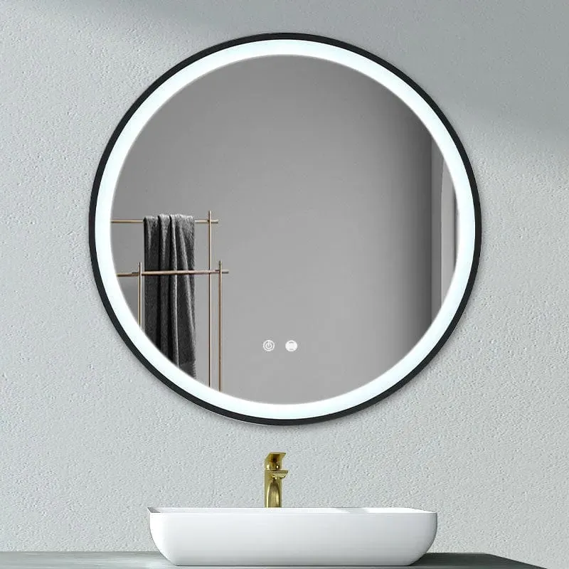 Round LED Wall Mirror with Touch Switch - Black, Metal