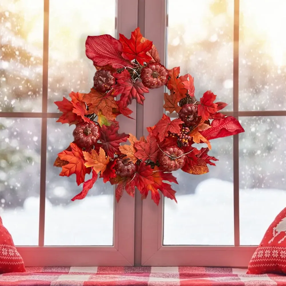 Round Maple Leaf Pumpkin Wreath with Lights - Red image