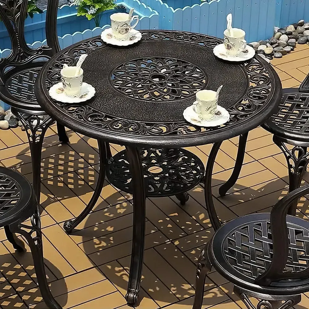 Round Patio Dining Table with Umbrella Hole - Black, Cast Aluminum