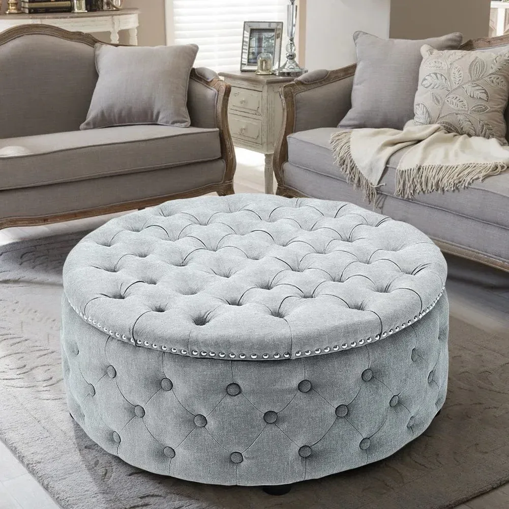 Round Tufted Cocktail Ottoman - Linen