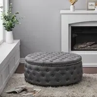 Round Tufted Cocktail Ottoman - Linen