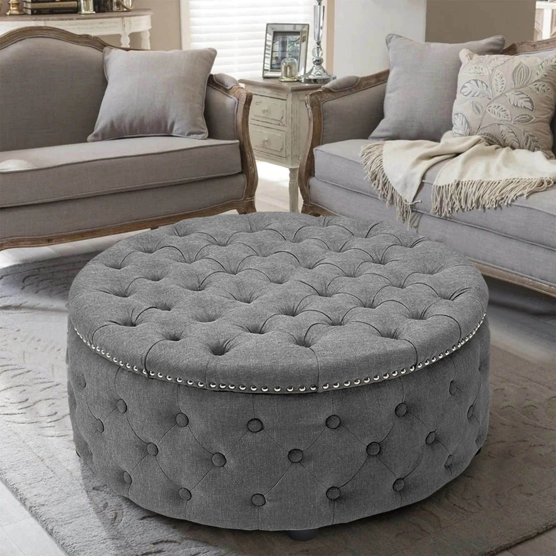 Round Tufted Cocktail Ottoman - Linen