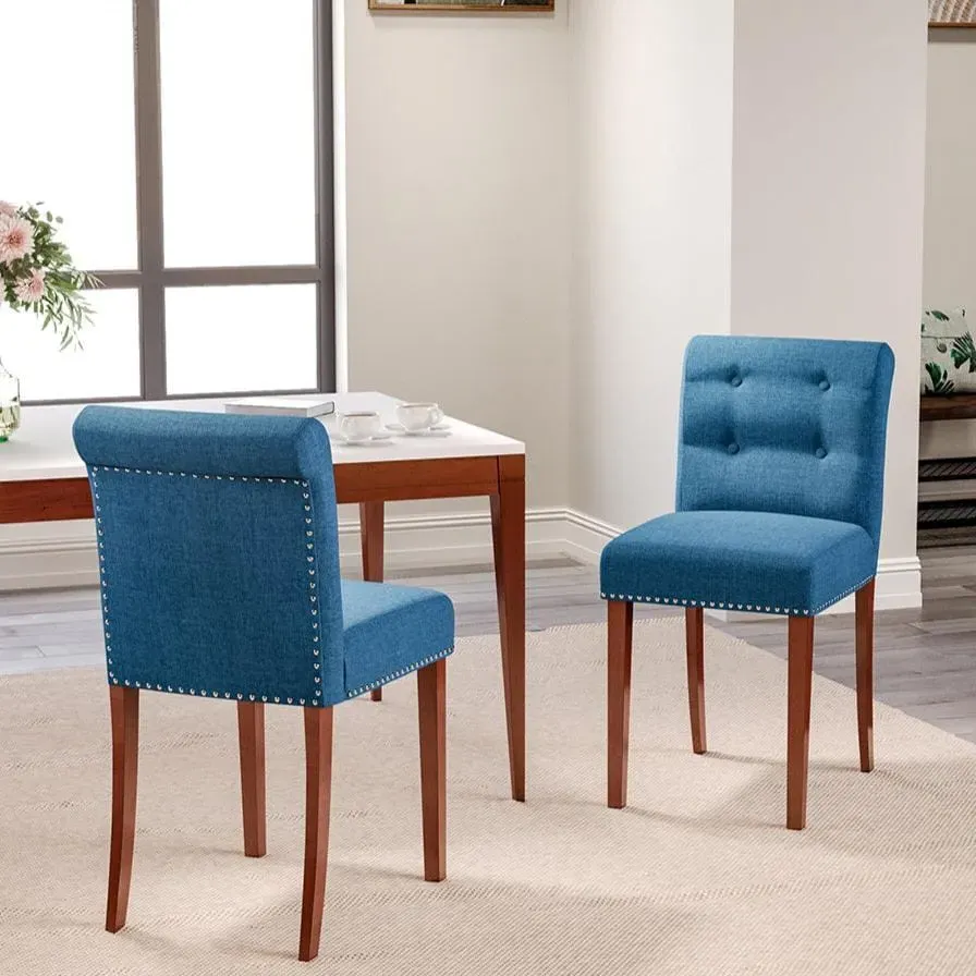 Set of 2 Buttoned Accent Dining Chairs - Grey, Linen