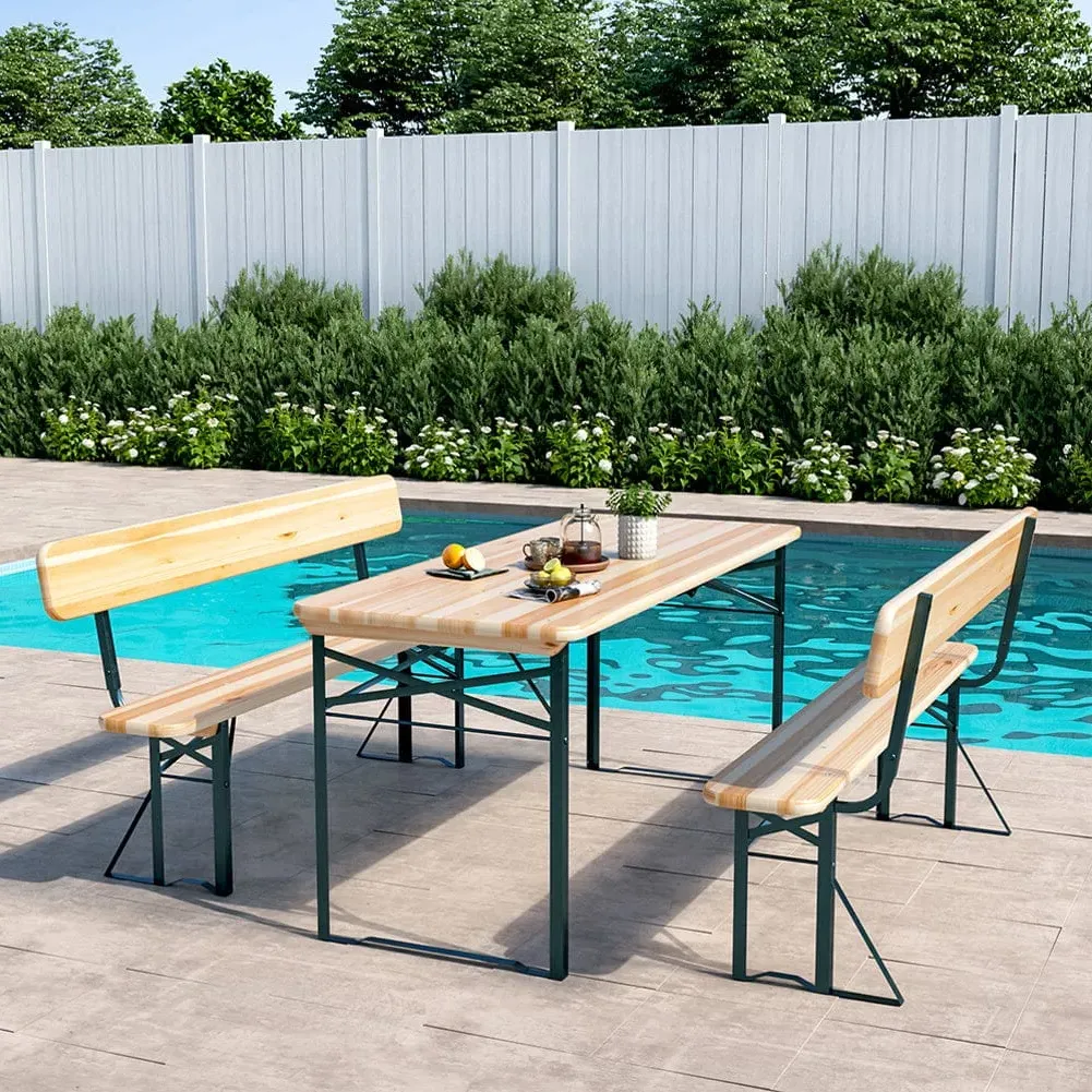 Set of 2 Folding Garden Benches with Backrest - Natural, Cedar image