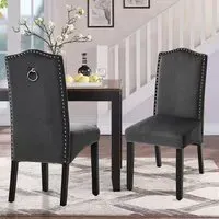 Set of 2 High Back Dining Chairs - Grey, Velvet