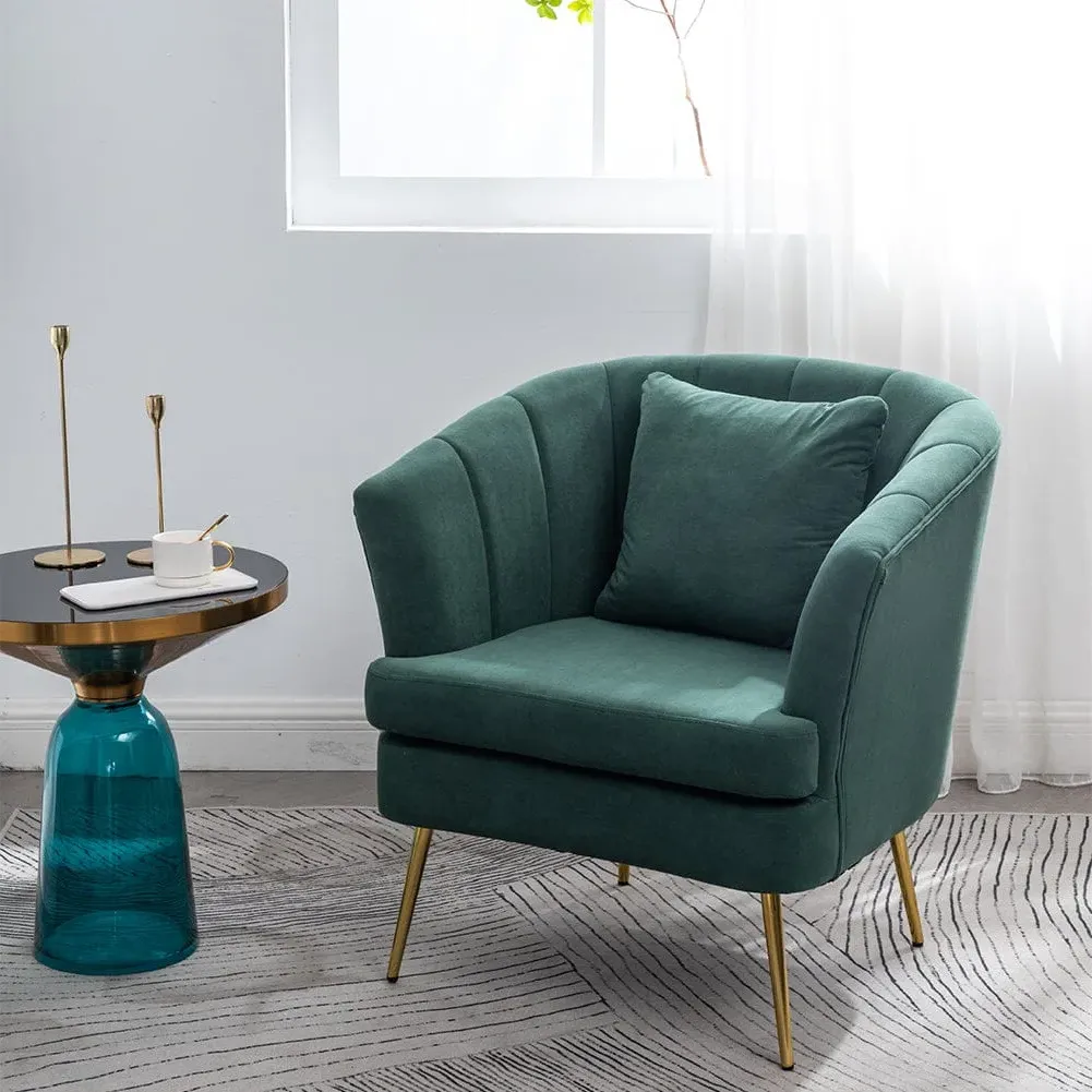 Single Armchair with Gold Metal Legs - Green, Velvet image