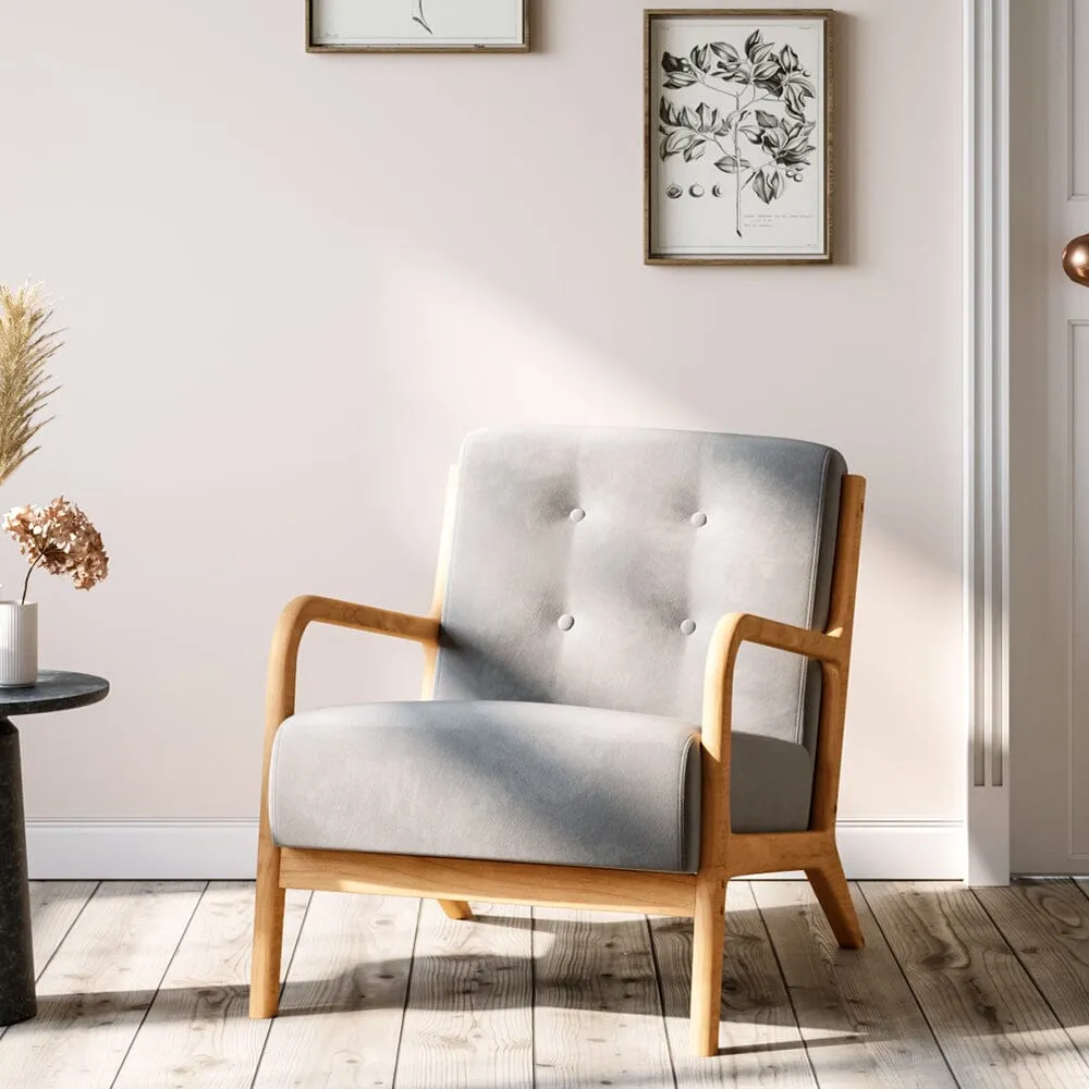 Single Lounge Chair with Button Tufted Back - Linen, Rubber Wood product