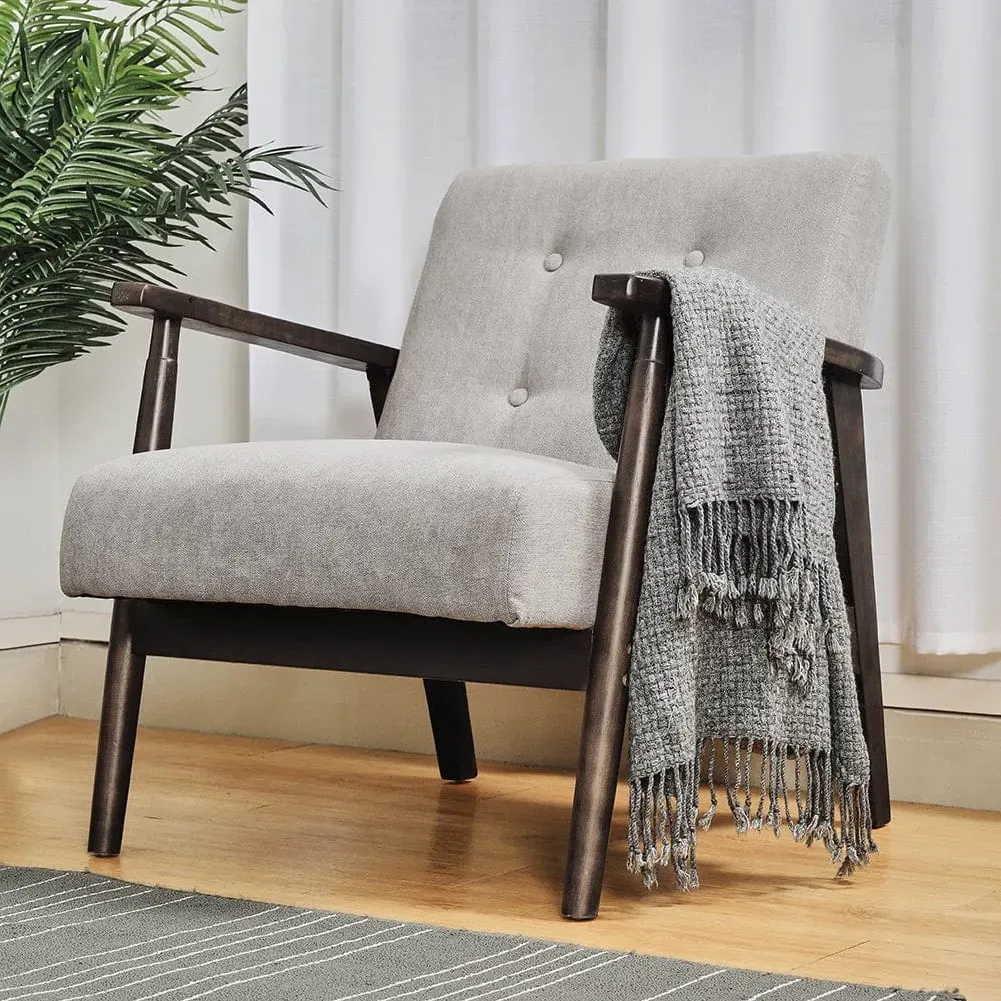 Solid Wooden Frame Upholstered Tufted Armchair - Grey, Fabric image