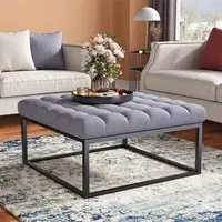 Square Linen Footstool with Metal Frame - Linen