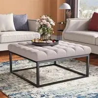 Square Linen Footstool with Metal Frame - Linen