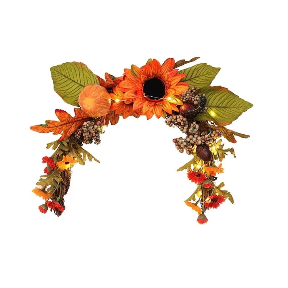 Sunflower & Chrysanthemum Wreath with Copper Wire Lights - Orange product