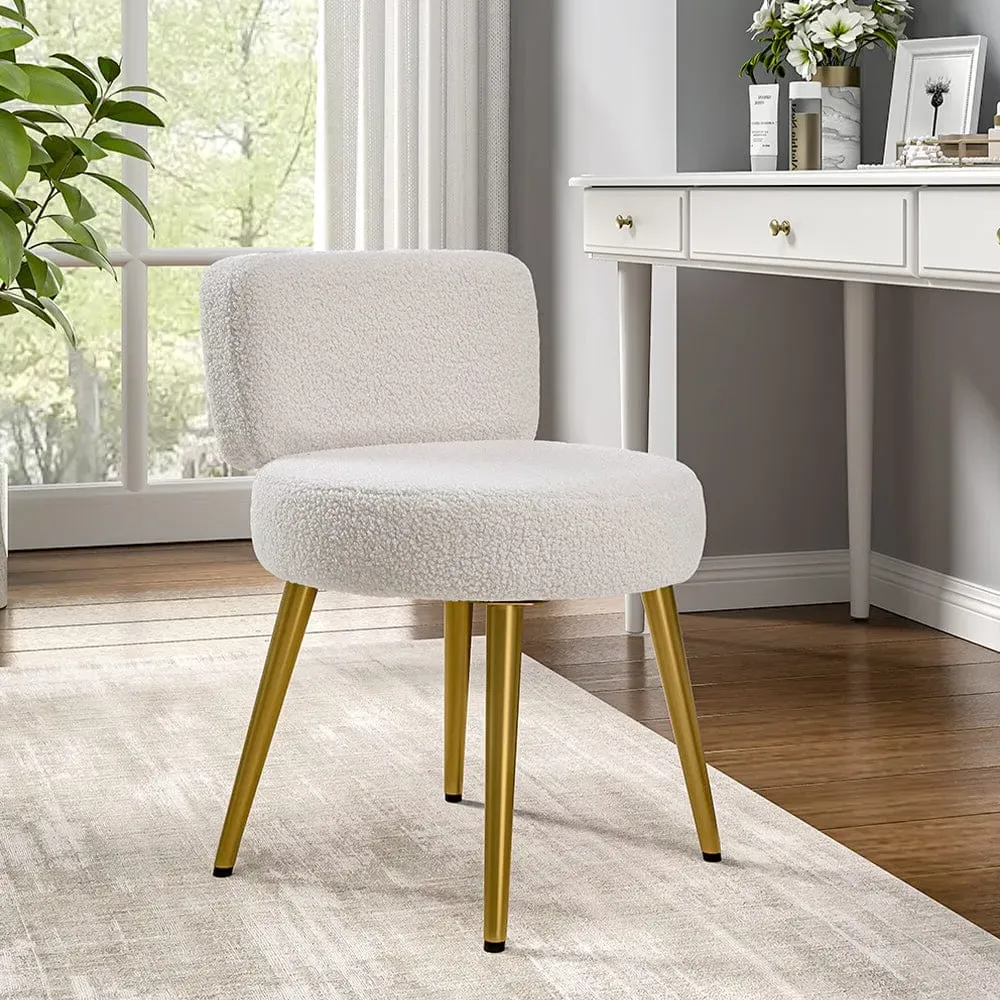 Teddy Fabric Vanity Stool - Off-White, Champagne Gold Metal Legs product