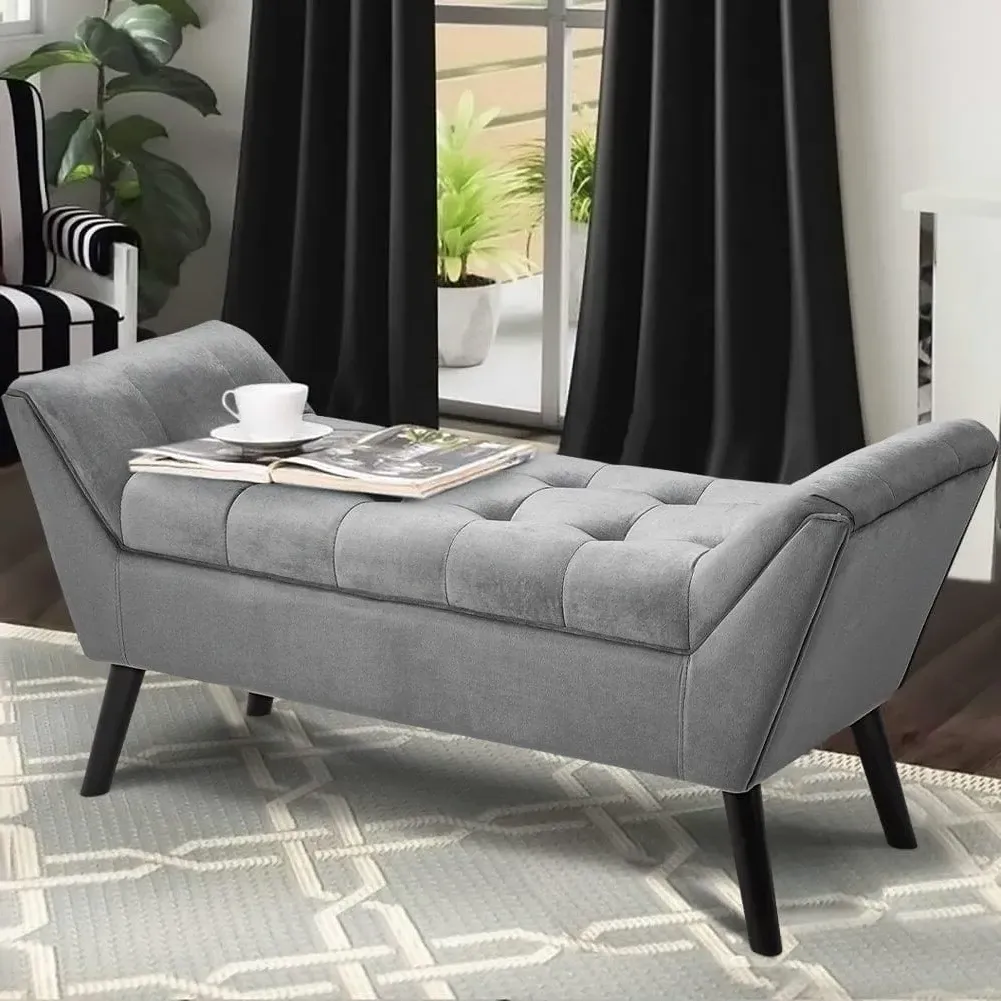 Tufted Bench with Angled Legs - Grey, Velvet product