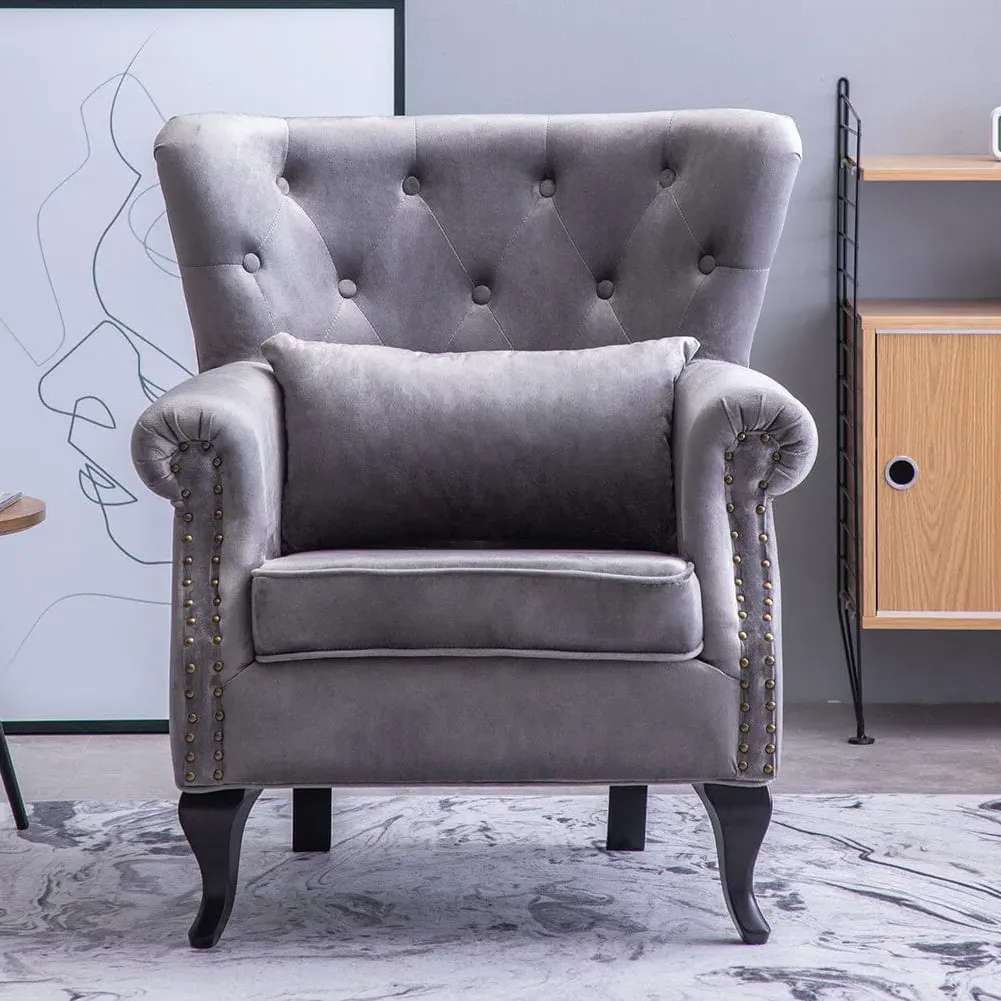 Tufted Wingback Chair with Pillow - Grey, Velvet image
