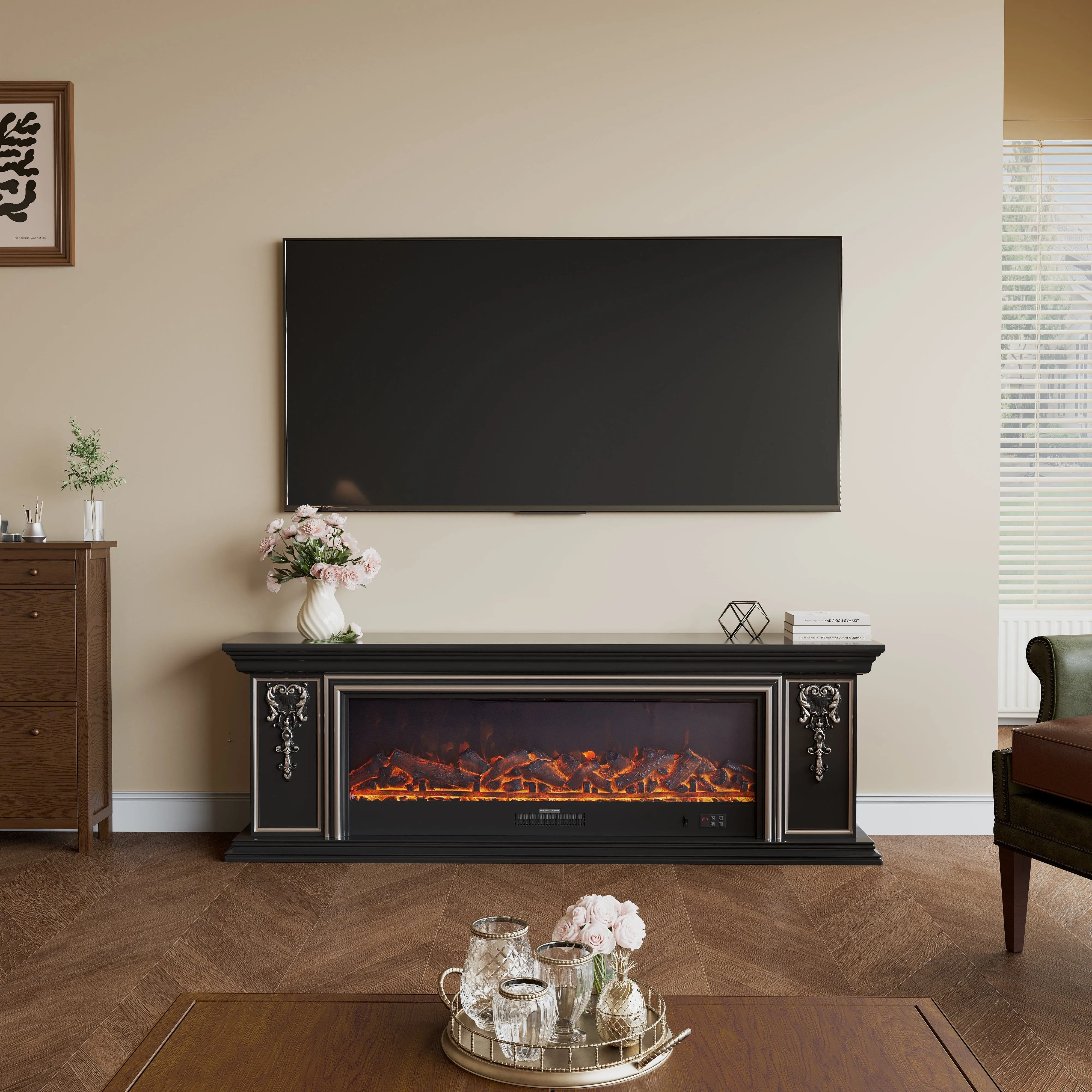 TV Cabinet Electric Fireplace with WiFi - Black, Gold Trim image