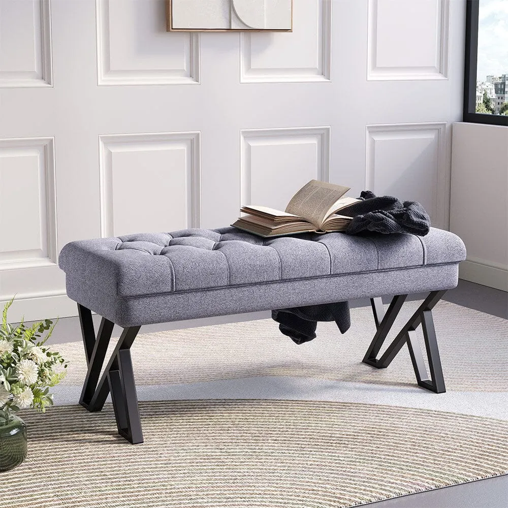Upholstered Bench with Button Tufting - Beige, Linen image