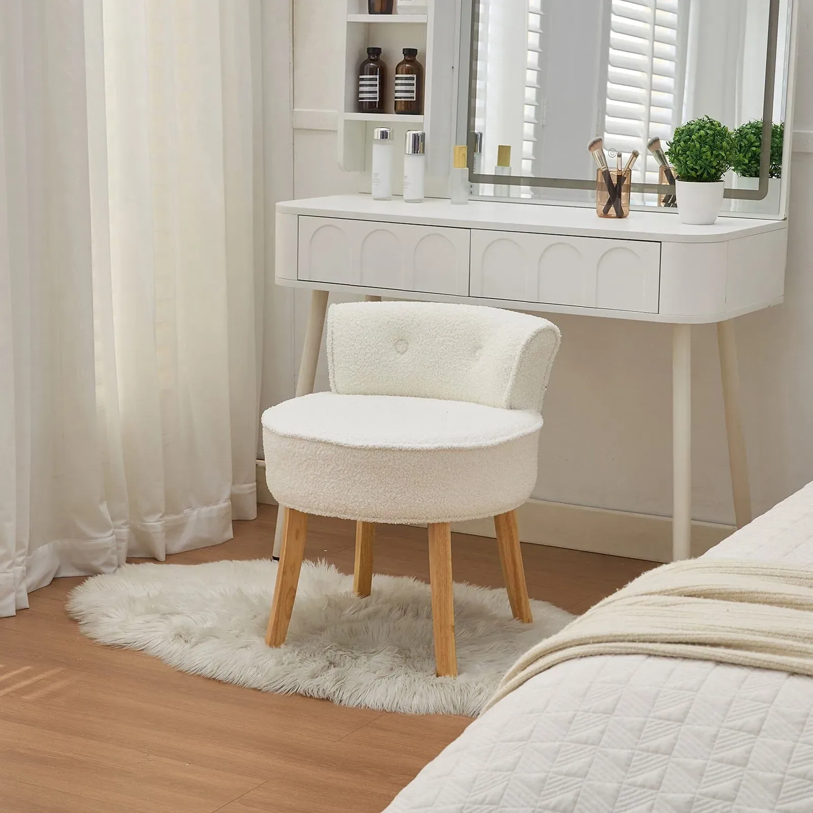 Vanity Stool with Button-Tufted Backrest - Teddy Fabric product