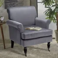 Velvet Upholstered Armchair with Casters - Beige