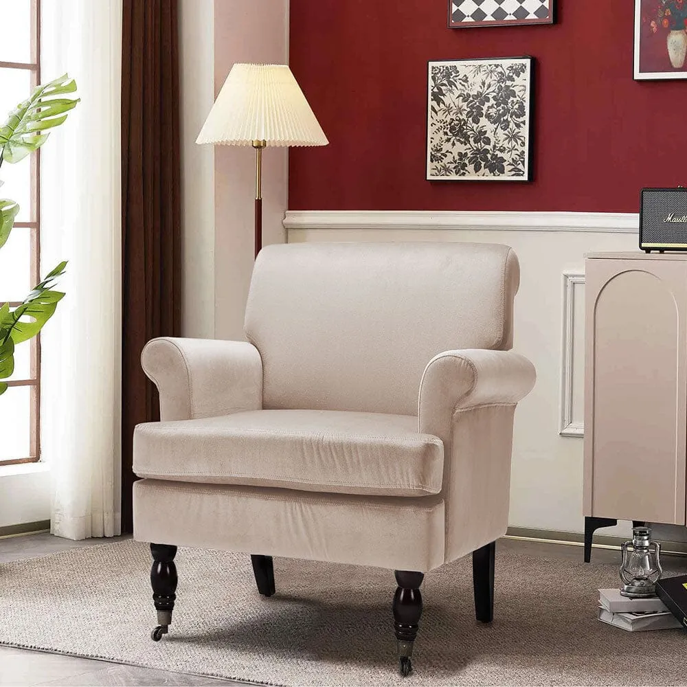 Velvet Upholstered Armchair with Casters - Dark Brown, Wood product