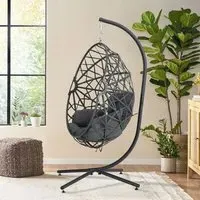 Wicker Rattan Swing Basket Chair with Stand - Black