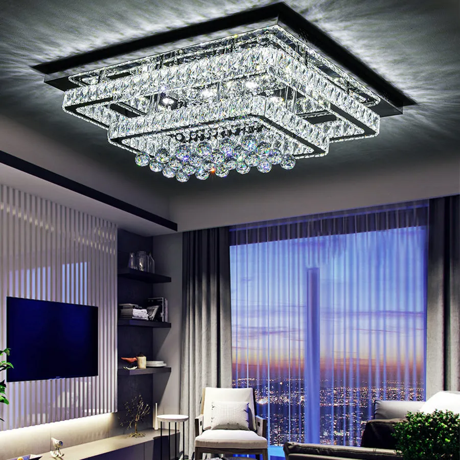 Wide Square Tiered Crystal LED Ceiling Light - Chrome, Metal product