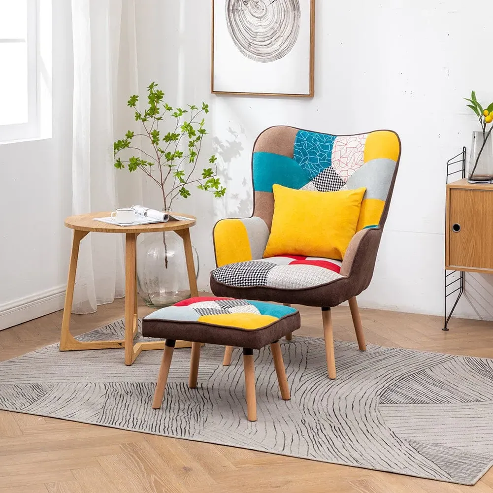Wingback Chair and Footstool Set - Multicolour, Velvet/Linen product