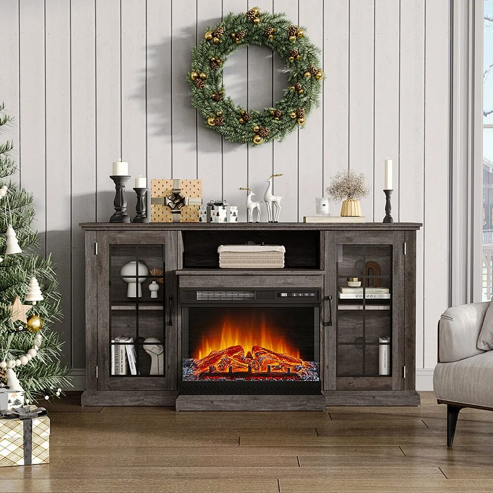 Panoramic Glass Electric Fireplace TV Stand with Storage - Rustic Grey product