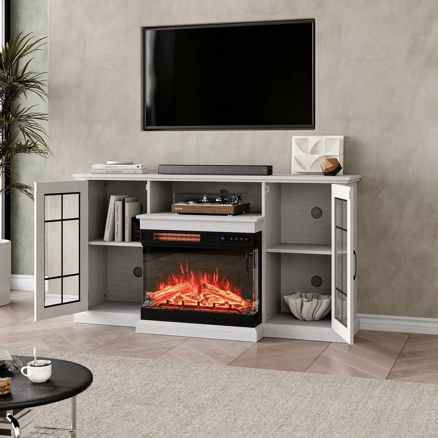 Smallbee Panoramic Glass Fireplace TV Stand with Storage image
