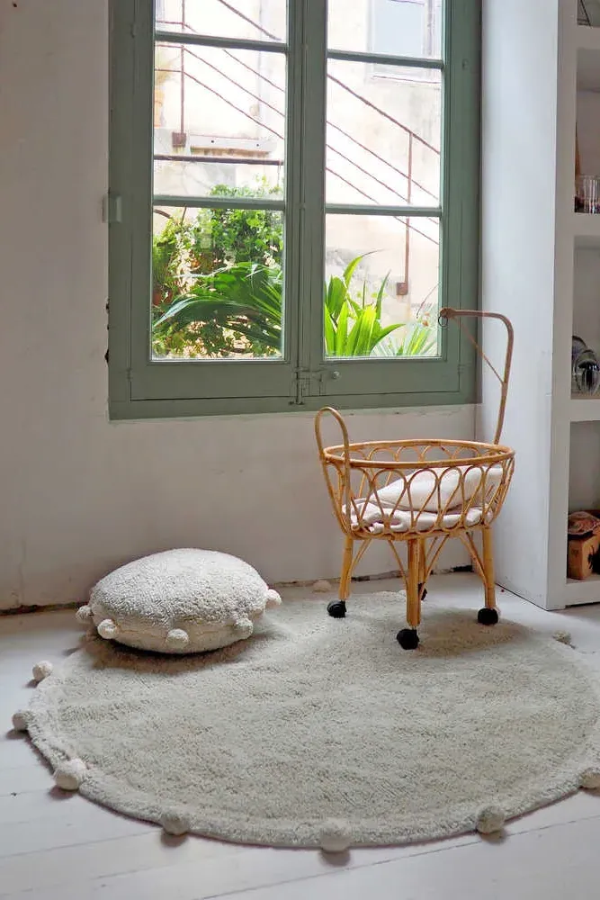 Bubbly Round Floor Cushion with Pompoms - Olive