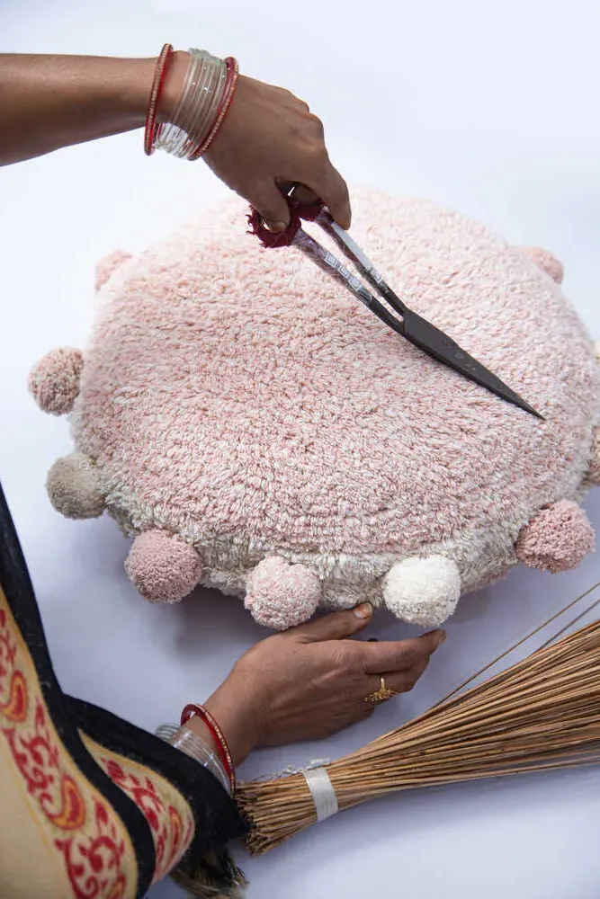 Bubbly Round Floor Cushion with Pompoms - Vintage Nude