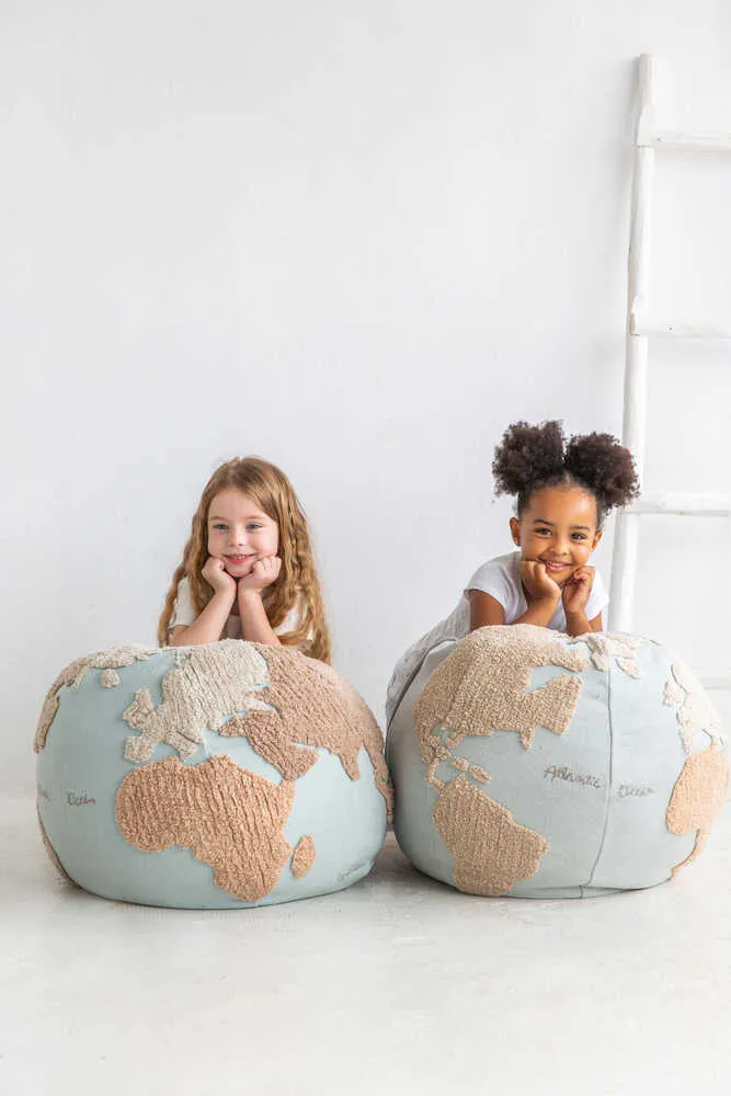 Kids World Map Round Pouf - Multicolor