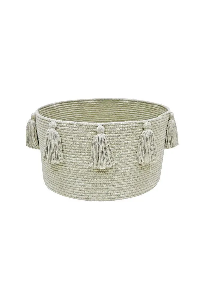 New Tassels Round Storage Basket - Olive, Cotton