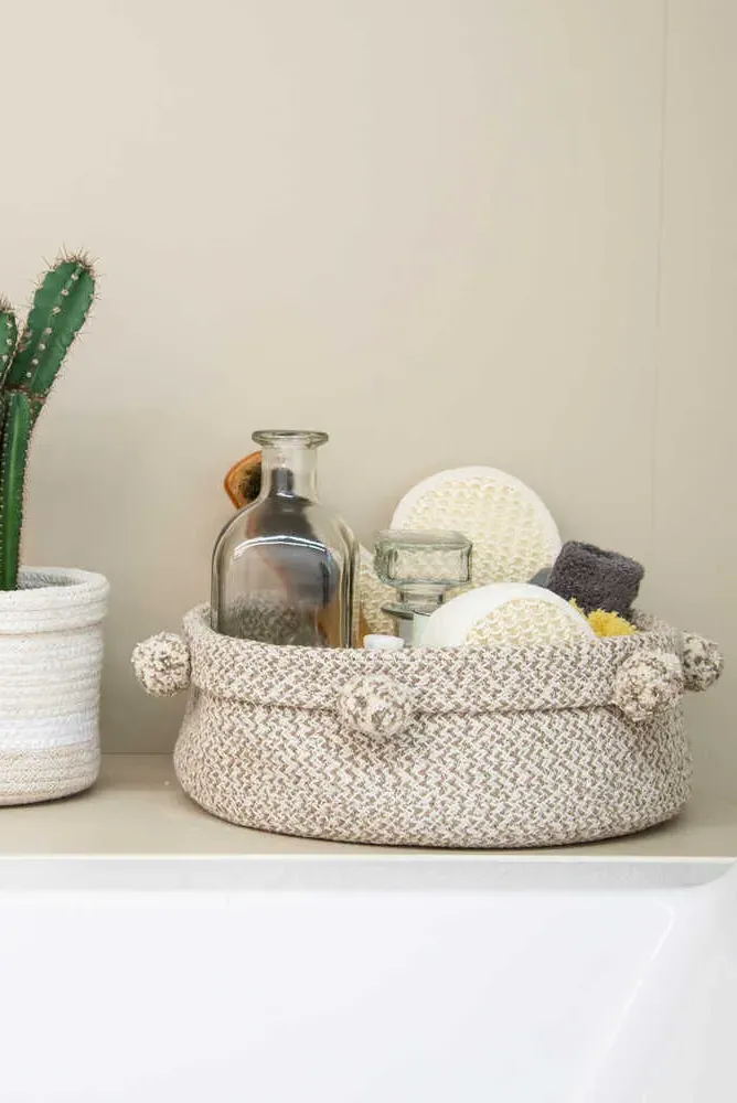 Storage Basket with Pompoms - Natural, Cotton