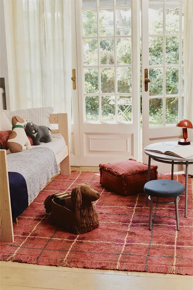 Washable Tartan Rug - Red, Cotton